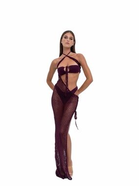 Plunge Halter Purple Crochet Mesh Swim Coverup Maxi